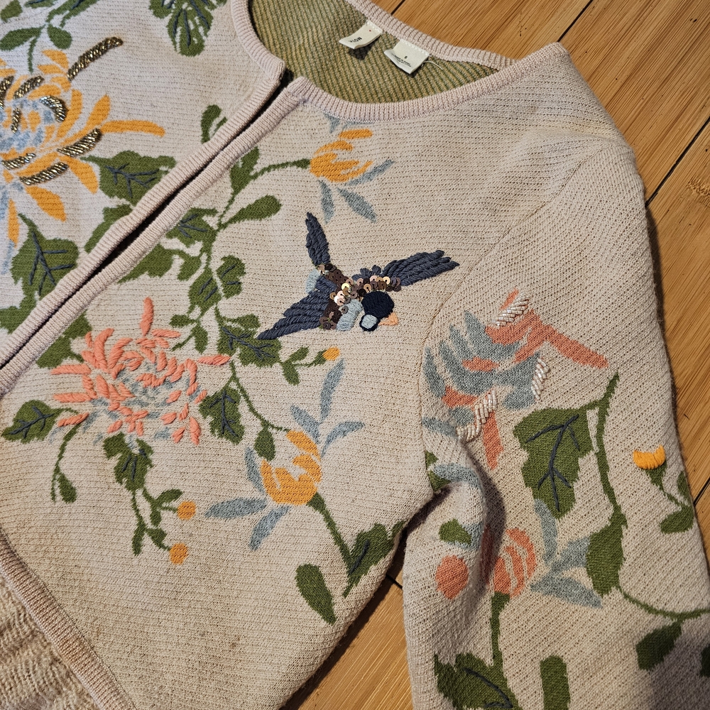 Anthropologie Floral Embroidered Cardigan - Cream and Green - Picture 3 of 9